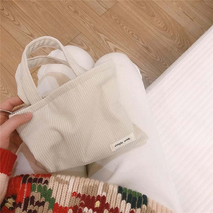Wudygirl Makeup Bag Travel Cosmetic Bag for Women Small Makeup Pouch with Handle Zipper Cosmetic Pouch Handbag Aesthetic 8.3" x 6.7"(Beige)