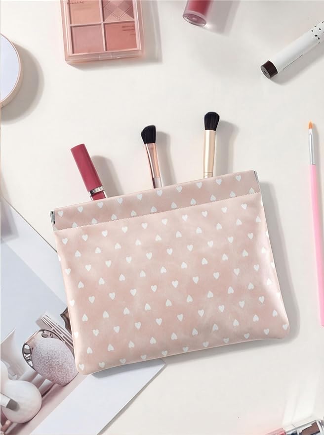 Ksriylm Hearts Leather Makeup Pouch Set for Women Small Make Up Bag for Purse Waterproof Initial Makeup Cosmetic Bags Pouches for Purse Aesthetic Travel Toiletry Bag,Nude Pink