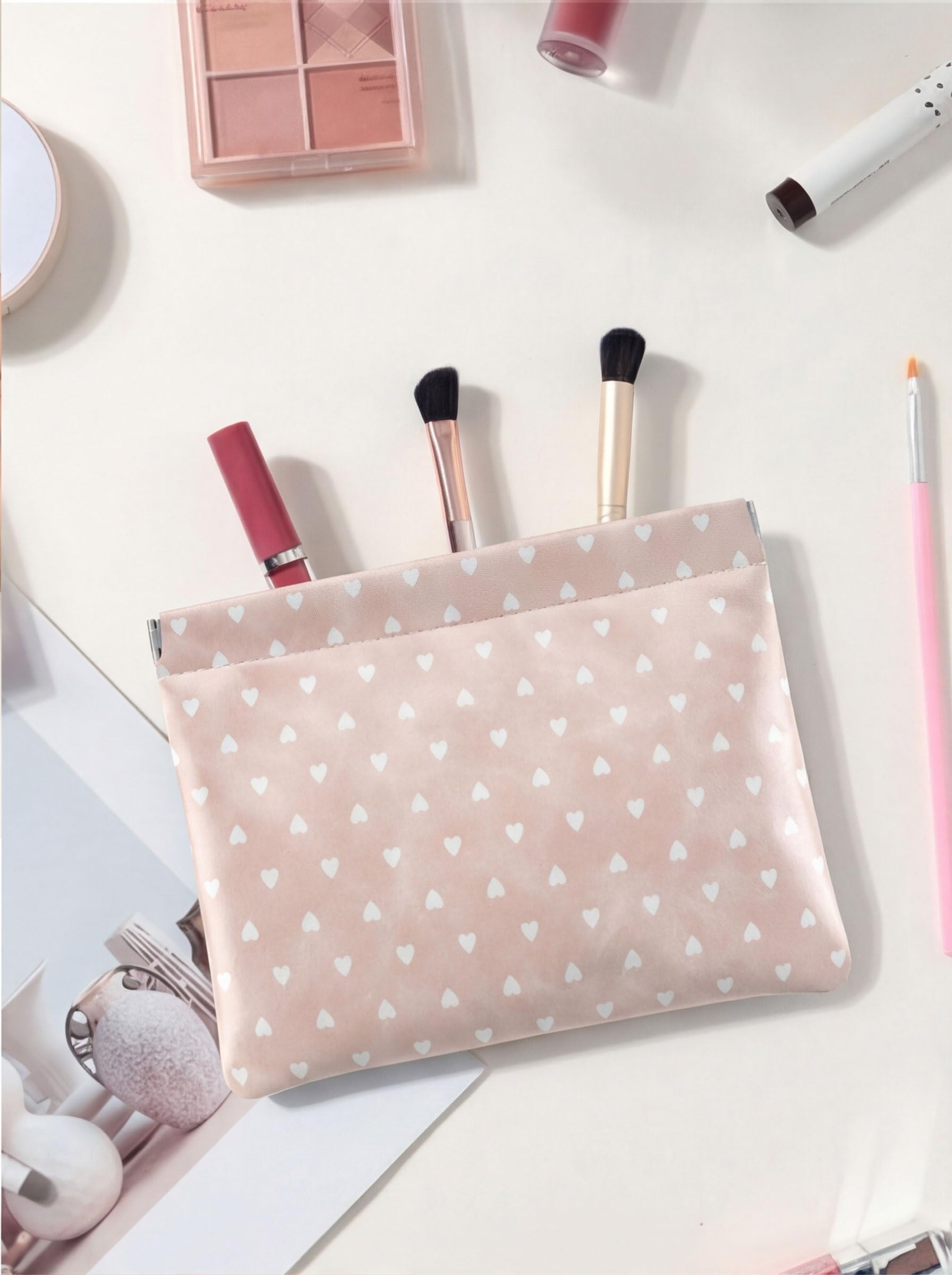 Ksriylm Hearts Leather Makeup Pouch Set for Women Small Make Up Bag for Purse Waterproof Initial Makeup Cosmetic Bags Pouches for Purse Aesthetic Travel Toiletry Bag,Nude Pink