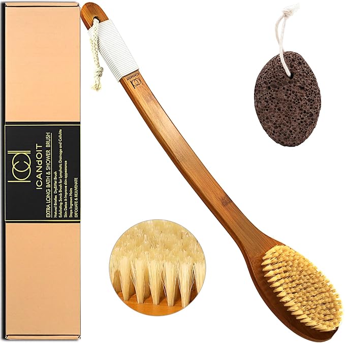 ICANdOIT-17.71Inch Natural Stiff Sisal Bristles Anti-Slip Long Handle Bath Brush,Bent Handle Shower Scrubber for Exfoliating,Shower Back Brush,Exfoliation Set with Pumice Stone(2 Pack)