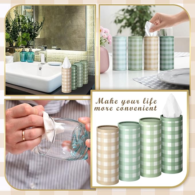 Fourluoo 12 Set Green Plaid Tissue Boxes for Car Cylinder Bulk Fresh Plaid Round Cylinder Holder with 3 Ply Facial Tissues for Spring Summer Travel Bathroom Office Decoration