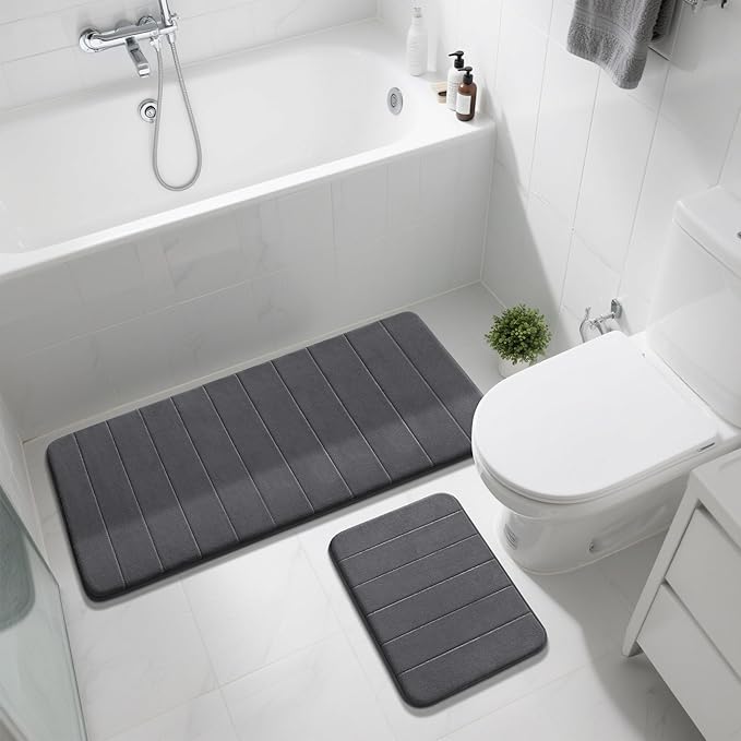 Yimobra Large Bath Mat Set 2 Piece- Super Soft Absorbent Quick Dry Memory Foam Bathroom Rugs, Machine Washable Non Slip Floor Carpet for Tub Shower & Double Vanity (17x24 & 44x24, Dark Gray)