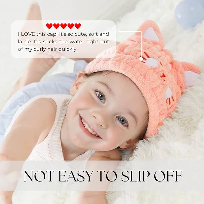 LCBD Microfiber Hair Towel Wrap for Kids, Pink Cat Dry Hair Cap Suck Water, Absorbent Quick Girls Boys Hair Drying Towel, Lightweight Bouncy Hat Headscarf