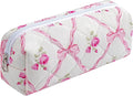 WHHJM Cute Floral Makeup Brush Bag Small Cotton Quilted Cosmetic Bag for Women Travel Toiletry Zipper Make Up Pouch (Pink Bowknot Rose)