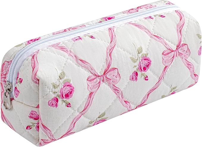 WHHJM Cute Floral Makeup Brush Bag Small Cotton Quilted Cosmetic Bag for Women Travel Toiletry Zipper Make Up Pouch (Pink Bowknot Rose)