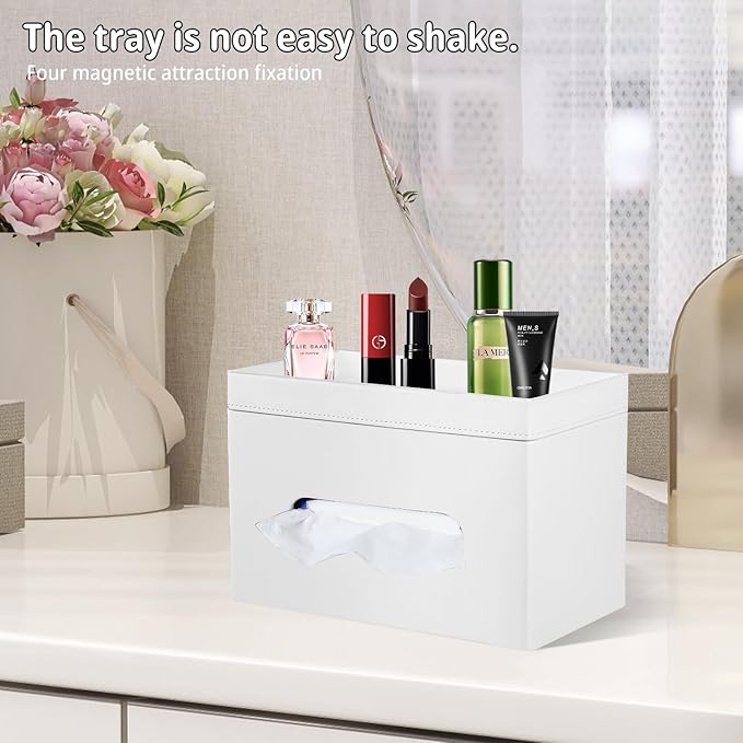 PU Leather Tissue Box Cover Rectangle with Detachable Storage Tray,Fits 230-Count Box Tall Rectangular,Modern Decorative Tissue Box Holder/Organizer for Bathroom,Bedroom Dresser,Night Stand