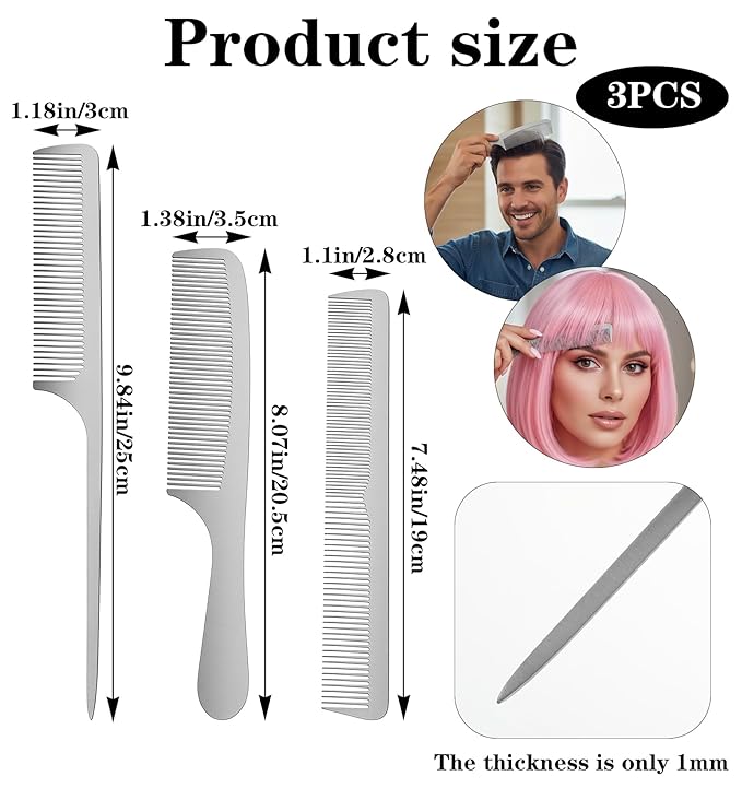 Metal Comb Set, 3Pcs Stainless Steel Fine Tooth Comb Thin Combs for Beard & Hair Care, Professional Barber Combs Set Unbreakable Teeth Design Anti-Static Heat Resistant, Suitable for Men Women