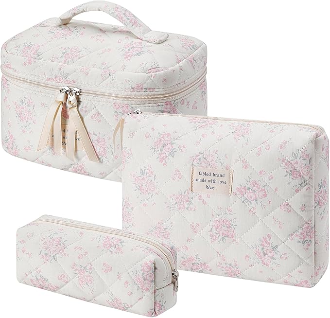 uekeboag 3Pcs Large Travel Quilted Makeup Bag for Women, Floral Cotton Cosmetic Bag, Coquette Aesthetic Floral Toiletry Organizer Bag(3Pcs PinkRose