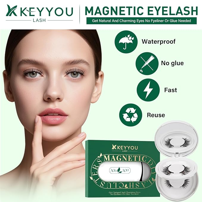 KEYYOU Reusable Magnetic Eyelashes 2 Pair with Applicator No Glue Needed 3D Natural Magnetic Lashes, Easy to Apply & Long Lasting for Daily Use & Events(A06+A09)