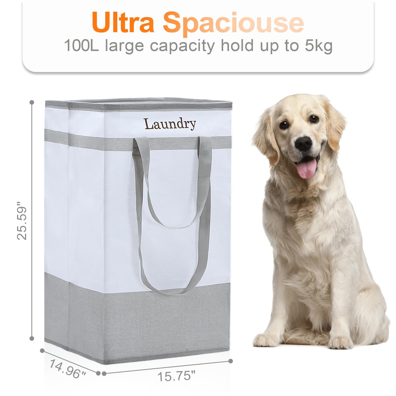 FairyHaus Laundry Basket 100L, 2Pack Laundry Hamper with Easy Carry Handles, Collapsible Laundry Baskets Hampers for Bathroom Clothes Storage Grey