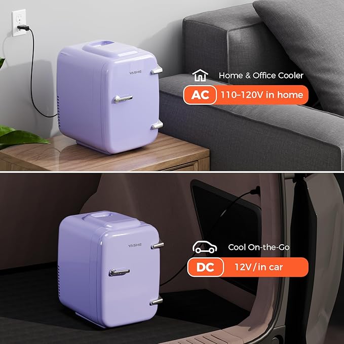 YASHE Mini Fridge, 4 Liter/6 Can Mini Makeup Fridge, 110V AC/ 12V DC Portable Thermoelectric Cooler&Warmer for Skincare, Drink, Cosmetic, Medicine, Small fridge for Bedroom, Office, Dorm, Car, Purple