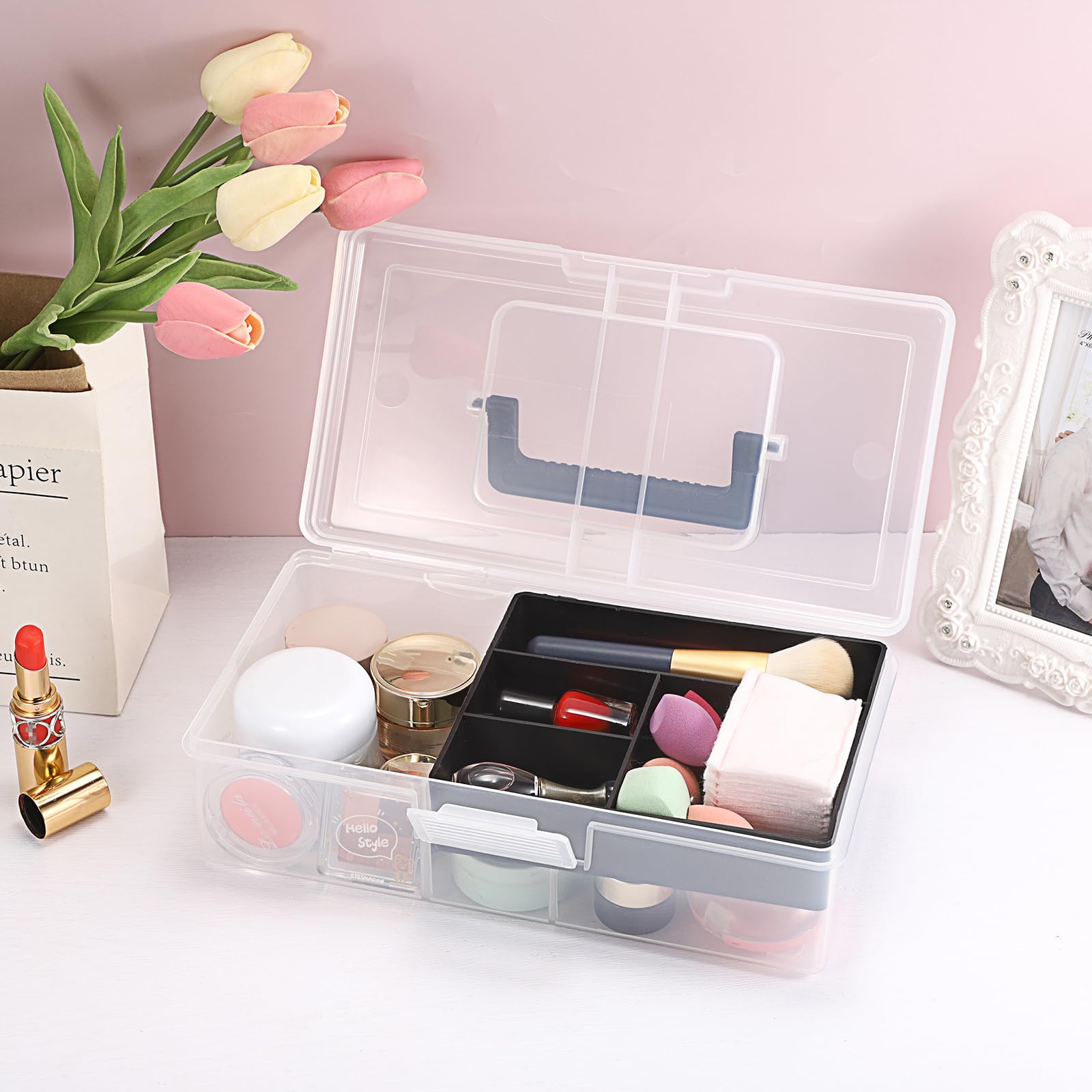JUXYES Clear Art Craft Supply Storage Bin Sewing Box With Handle Lid