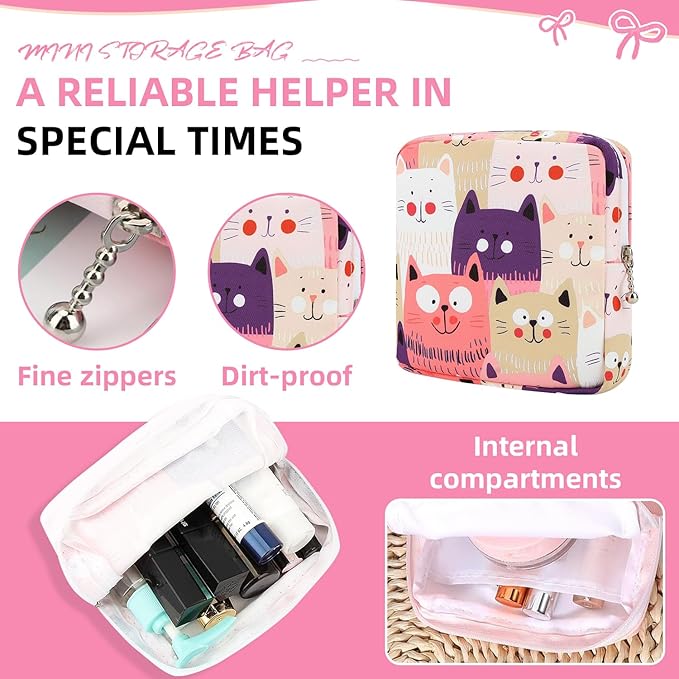 OLLBIT Sanitary Napkin Storage Bag,Period Bag,Portable Period Bag for Teen Pads Sanitary Napkins Small Tampons First Period Gifts for School Hygiene Bags Travel Containers (Cat)