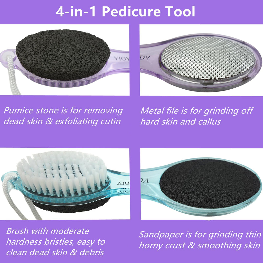 YIOYOODA Foot File Callus Remover 4-in-1, 3 Pcs Feet Scraper Pedicure Tools with Pumice Stone, Scrubber Brush, Foot Rasp and Sand Paper, Double Sided Multi Purpose, Clear Pink, Blue, Purple