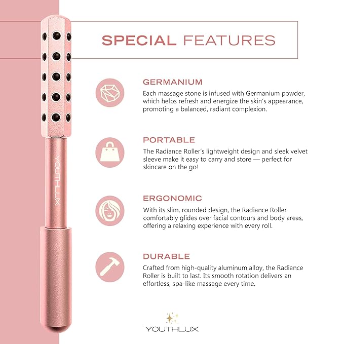 YOUTHLUX Radiance Roller – Germanium Stone Facial Massage Tool/Wand Face Roller for Lifting, Sculpting, De-Puffing, Glow Boost, Energizing & Cooling Effect (Rose Gold)