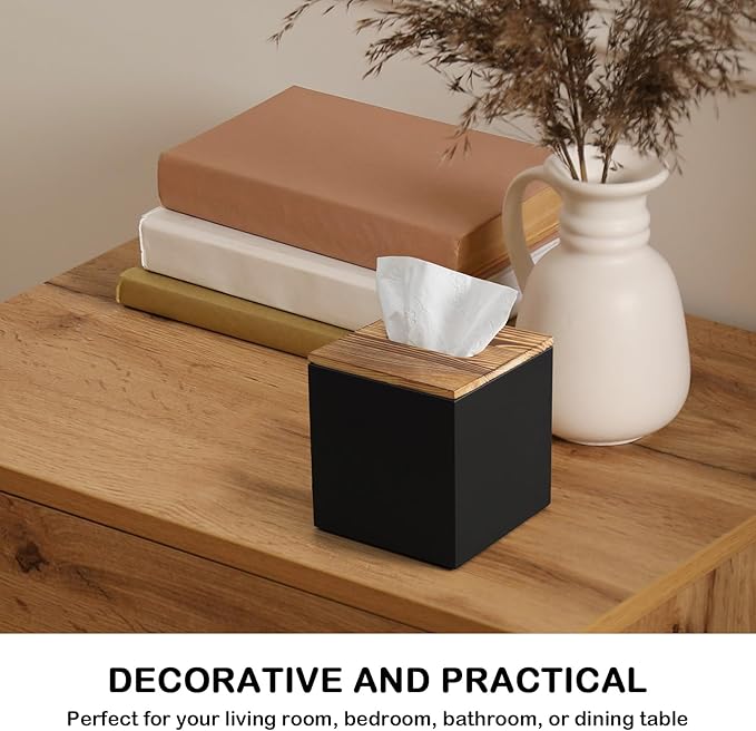 GCWSTJK Black Tissue Box Cover Square - Wooden Tissue Box Holder - Decorative Cube Facial Tissue Dispenser for Vanity Toilet Tank Dresser Nights Stand Kitchen Table Office Countertop
