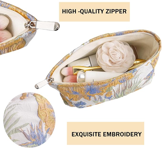 getgto 2 Pcs Makeup Bags, Large Cosmetic Bag Travel Toiletry Bag Organizer for Women, Embroidery Craft, Floral Makeup Bag Small Cosmetic Pouch Purse with Zipper Gifts for Girls Teen
