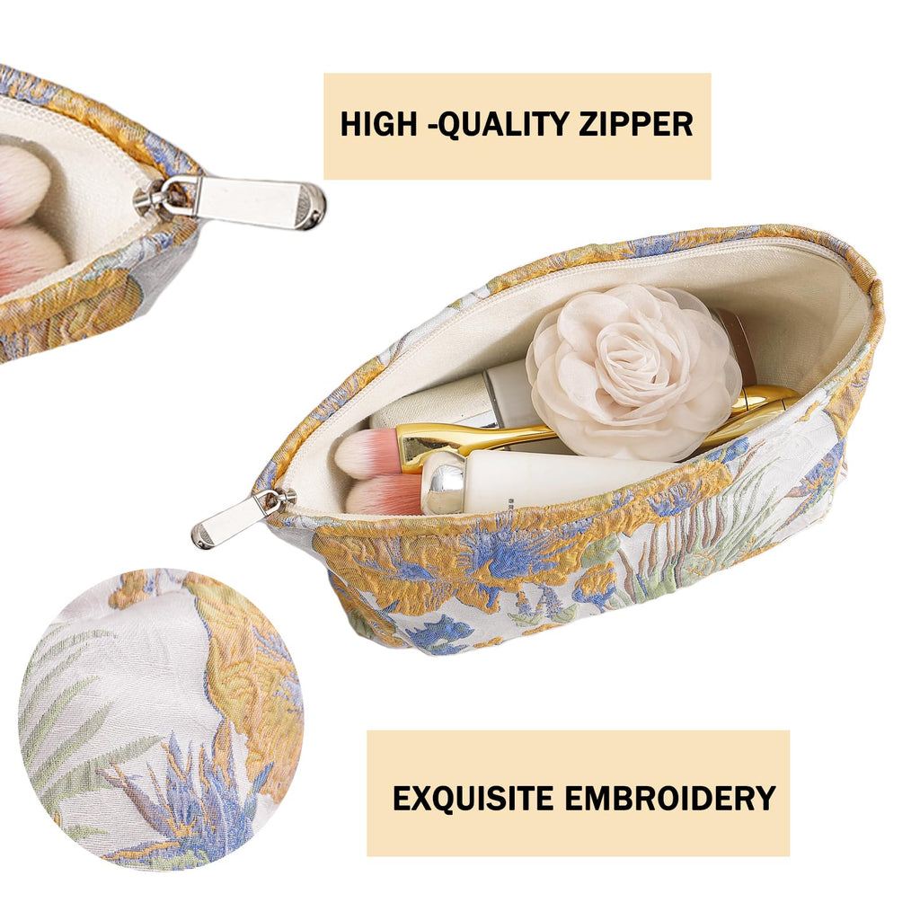 getgto 2 Pcs Makeup Bags, Large Cosmetic Bag Travel Toiletry Bag Organizer for Women, Embroidery Craft, Floral Makeup Bag Small Cosmetic Pouch Purse with Zipper Gifts for Girls Teen