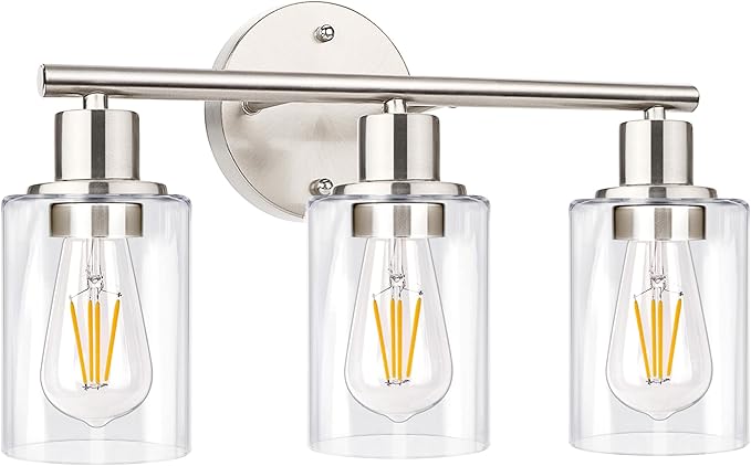 Zarbitta 3-Light Bathroom Light Fixtures, Brushed Nickel Vanity Light, Farmhouse Wall Lights with Clear Glass Shade, Bathroom Wall Lamp for Mirror Kitchen Bedroom Hallway Living Room Hallway Cabinet