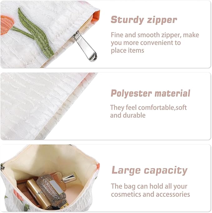 URSKYTOUS Tulip Makeup Bag Travel Cute Floral Cosmetic Bags for Women Large Embroidery Makeup Pouch Zipper Cosmetic Pouch for Purse Aesthetic Make up Organizer Bag Portable Toiletry Bag