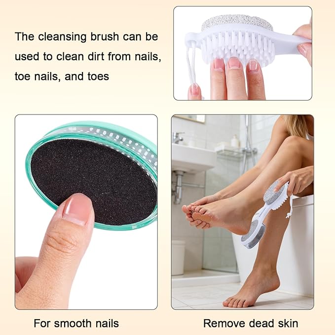 Foot Scrubber Brush with Pumice Stone for Feet 5-in-1, 2Pcs Foot File Callus Remover, Stainless Steel Feet Scraper, Cleaning Brush & Sand Paper Debris Catcher, Multi Purpose Home Foot Care, Cyan White