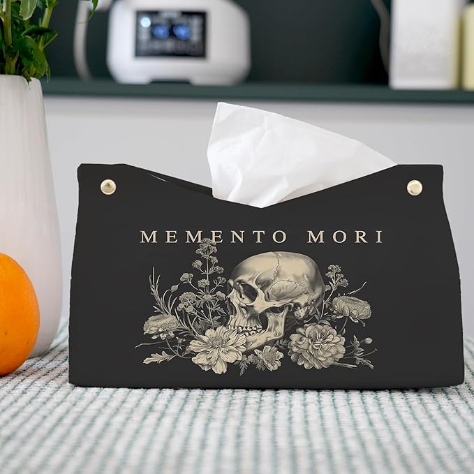 Memento Mori Skull Blck Leather Tissue Box Cover Rectangle,Academia Catholic Toilet Paper Box Holder,Gothic Decorative Facial Paper Case for Living Room Kitchen Office Desk,9.8x5.9x5.9