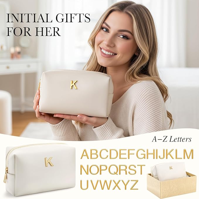 Kigeli Gifts for Women Teen Girls Gifts for Bridesmaid Mom Teachers Graduation Birthday Wedding Personalized Initial Makeup Bag Beige PU Leather Monogram Cosmetic Waterproof Travel Toiletry Bag(K)