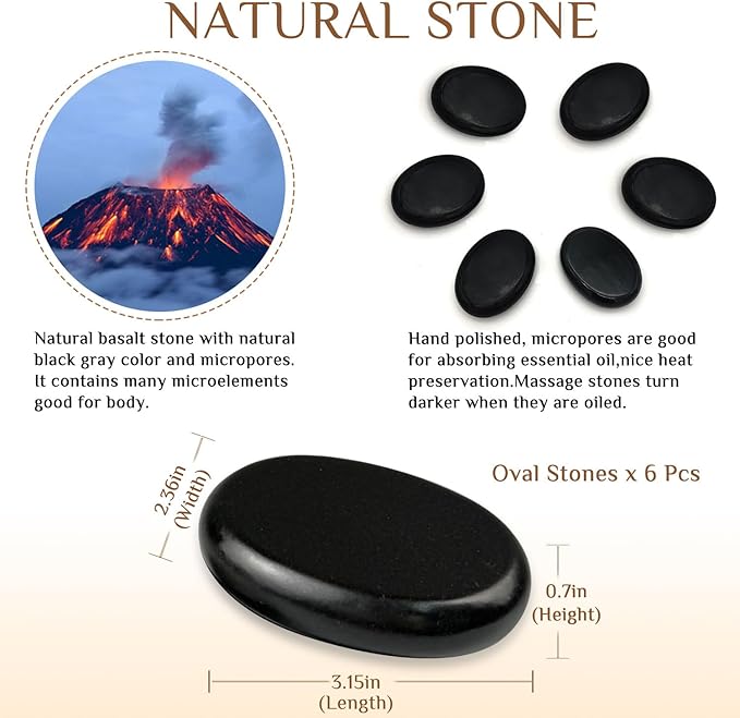 HDYAR Hot Stones Massage Set - 6 Large Oval Basalt Hot Stones Massage Kit, 2.36 * 3.15 Inch Hot Rocks Massage Stones for Professional or Home SPA, Relaxing, Healing, Pain Relief