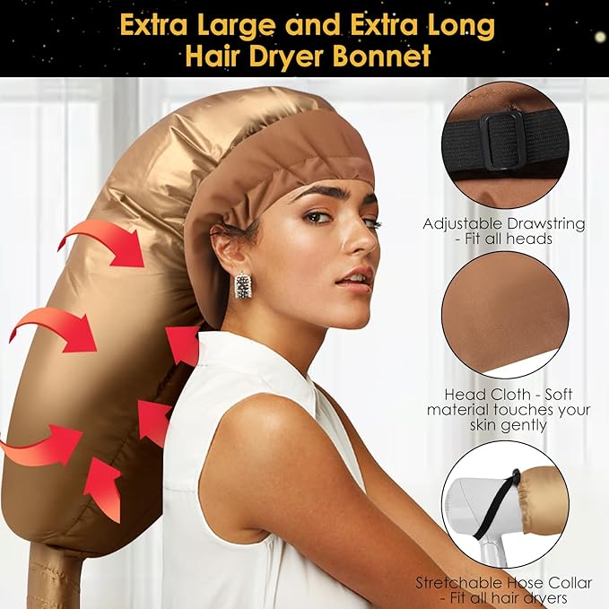 TEPENAR Hair Dryer Bonnet Attachment: Upgraded Extra Large Hooded Dryer Adjustable Hair Dryer Caps - Easy to Use for Natural Curly Textured Hair Care Styling Fast Drying - Gold