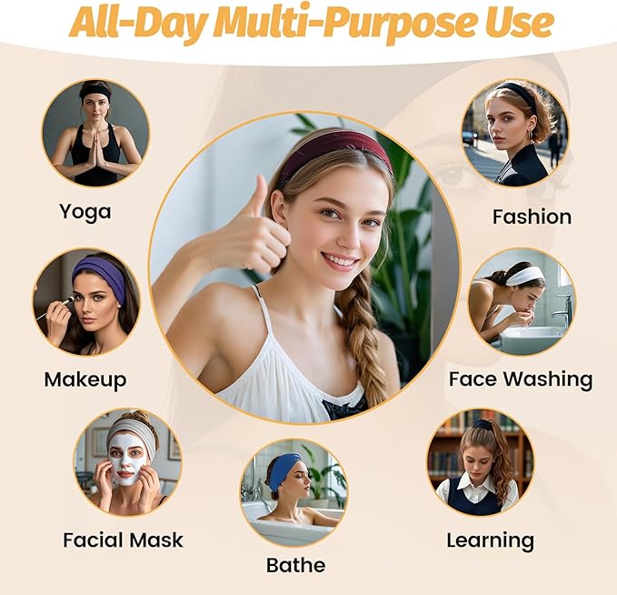 Headbands for Women - 6 Pack Wide Elastic Hairbands | Ultra-Soft Moisture Wicking Sports Headband | Non-Slip Accessories Bands for Fashion (Dark Purple Dark Gray White Red Navy Black)