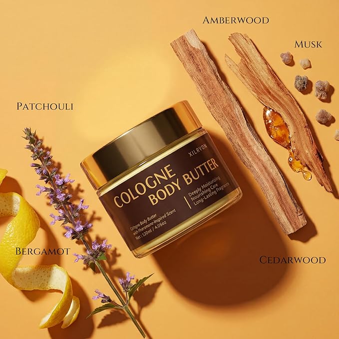 Men’s Cologne Body Butter – Shea Butter Moisturizer with Long-Lasting Masculine Scent – Fresh Woody Grooming Cream – Bergamot, Amberwood & Musk – 4.06oz