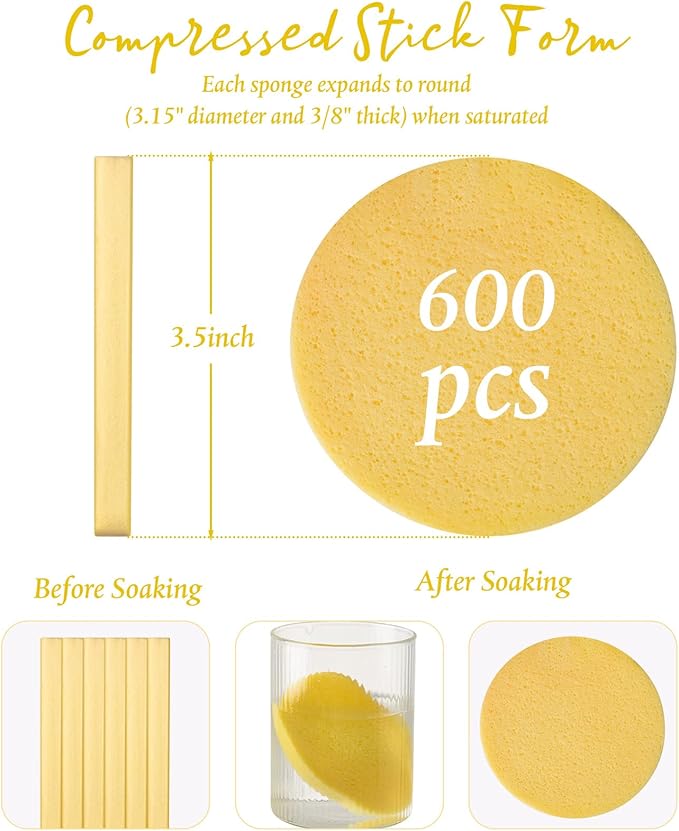 Foaincore 600 Pieces Compressed Facial Sponge Round Facial Sponge for Estheticians Face Sponges for Cleansing Makeup Removal Wash Pads Disposable Sponges for Women Spa Exfoliating Cleansing(Yellow)