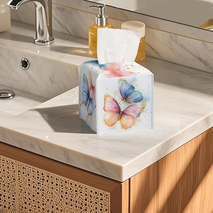 Butterfly Tissue Box Cover Metallic Gold Accents Blue Orange Wing Art Square PU Leather Waterproof Tissue Box Holder for Car Bathroom Bedroom Office Tabletop Decor