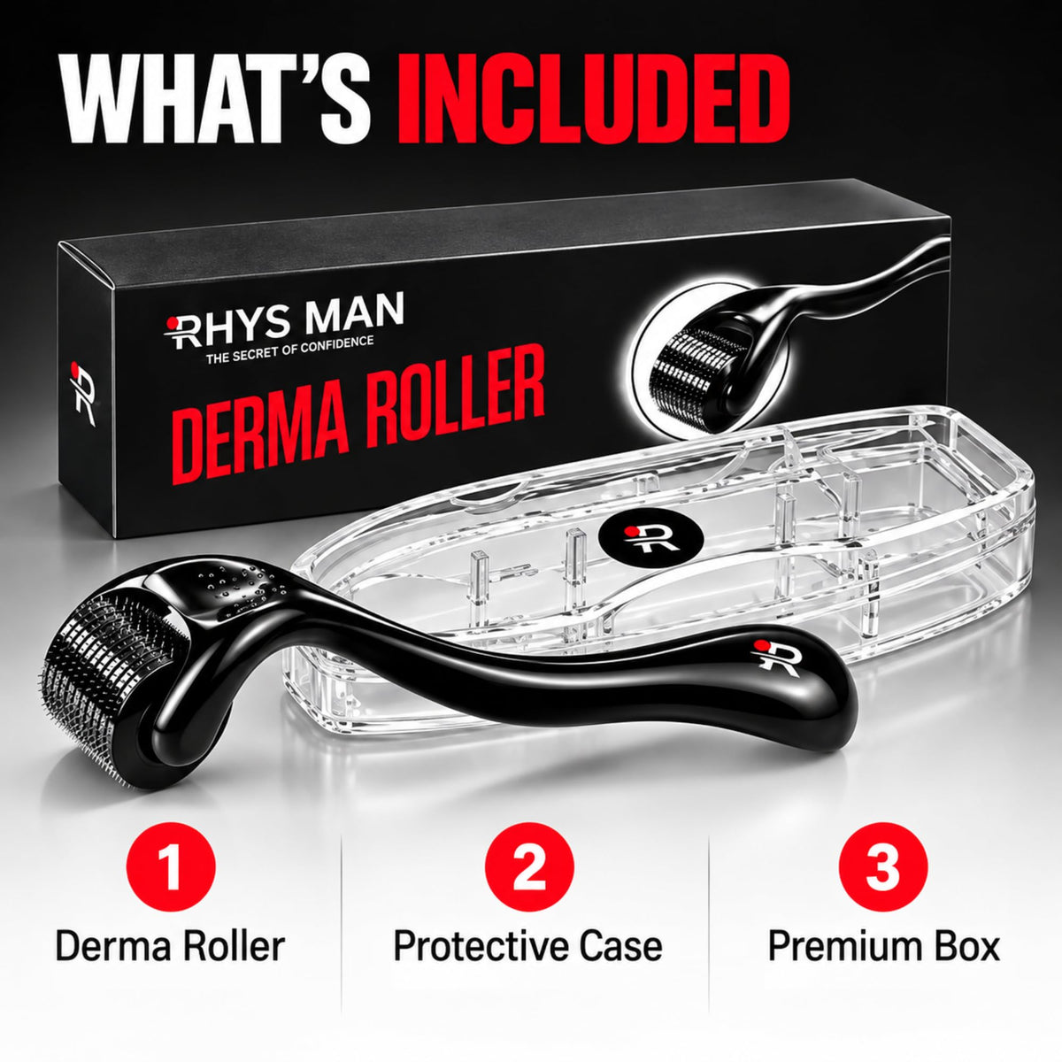 Rhys Man Derma Roller 0.25mm with Storage Case – Titanium Dermaroller for Beard, Face & Scalp Care, 540 Needles Skin Care Tool for Men & Women