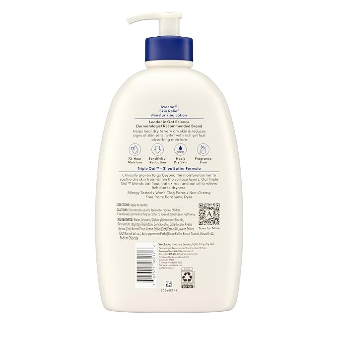 Aveeno Skin Relief Moisturizing Body Lotion Heals Very Dry, Sensitive Skin, Fast-Absorbing Lotion with Soothing Triple Oat & Shea Butter Formula, Fragrance Free Lotion, Non-Comedogenic, 33 Fl Oz