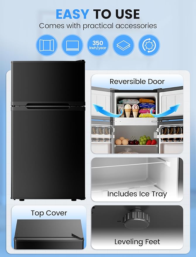 COWSAR 2.5 Cu.Ft Mini Fridge with Freezer, Double Reversible Door Compact Dorm Refrigerator with 2 Removable Shelves, Commercial Apartment Fridge for Bedroom, Office, Kitchen, Dorm, Black