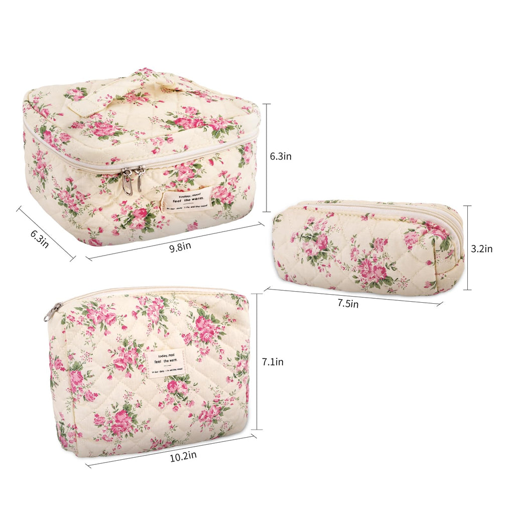 GISMTR 3Pcs Cotton Quilted Makeup Bag Large Travel Cosmetic Bag Coquette Makeup Pouch Cute Aesthetic Floral Toiletry Bag for Women Girls (flower-M)