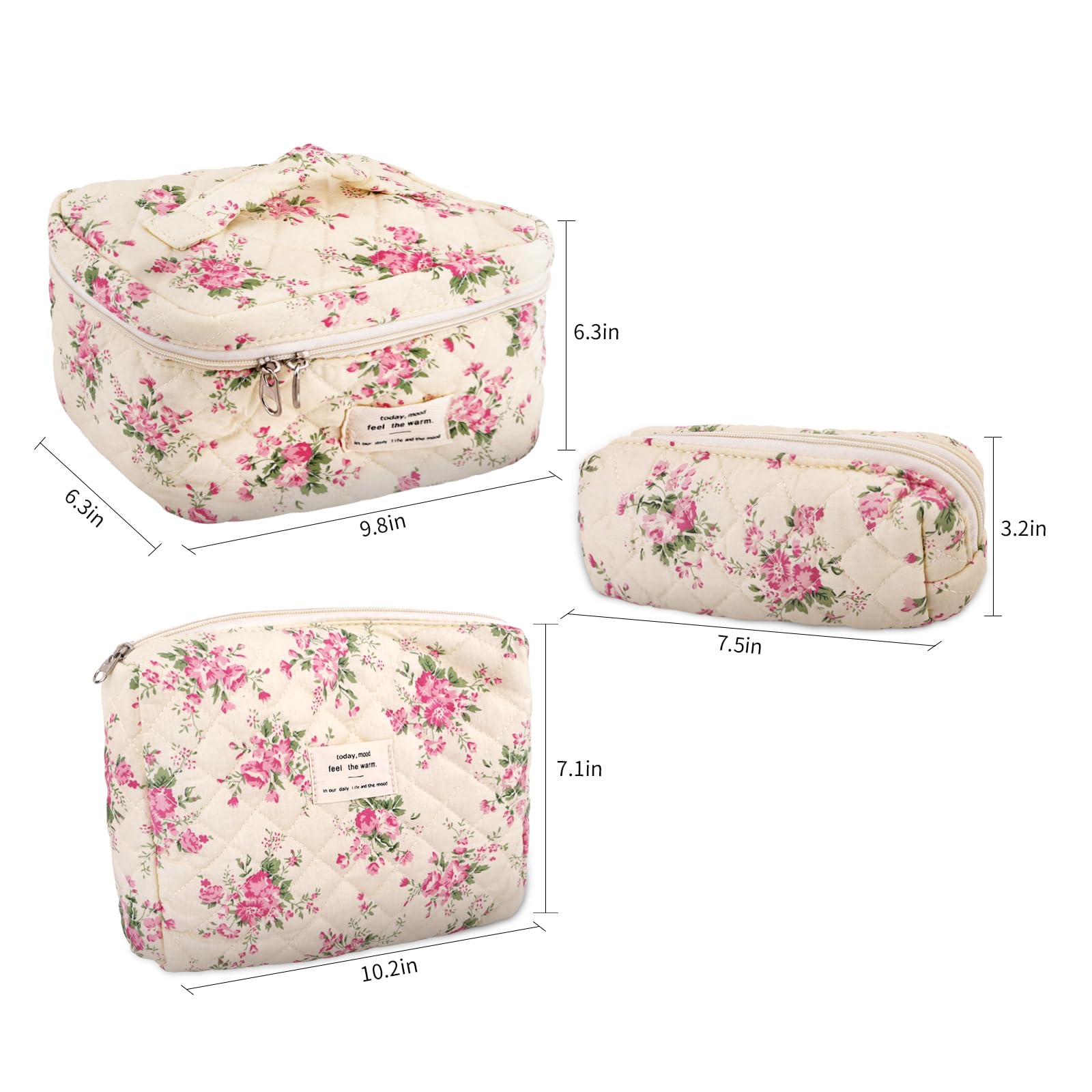 GISMTR 3Pcs Cotton Quilted Makeup Bag Large Travel Cosmetic Bag Coquette Makeup Pouch Cute Aesthetic Floral Toiletry Bag for Women Girls (flower-M)