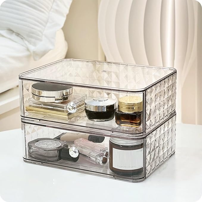 MIATTCLD Stackable Clear Makeup Organizer Cosmetic Storage Box, Makeup Display Cases Skincare Organizer, Plastic Makeup Holder for Vanity, Bathroom, Cabinet, Desk Countertop (B)