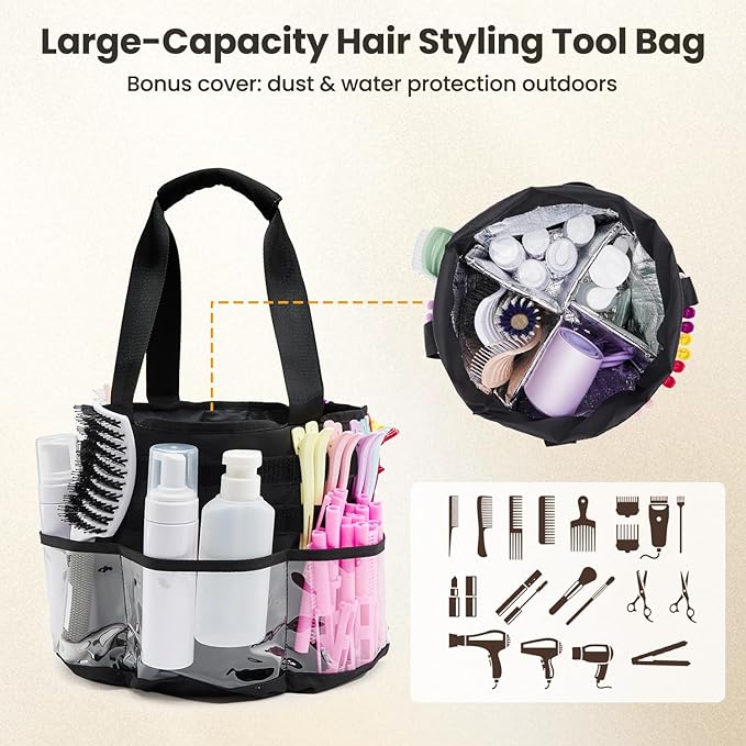 Hairstylist Travel Bag, with Dust Cover, 11L Large Capacity, Heat-Resistant Interior, Clear Pockets, 24 Hook-and-loop Slots, Top Drawstring, Makeup & Pet Grooming Supplies Organizer