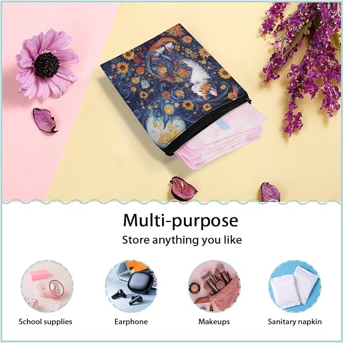 Cat Floral Print Sanitary Napkin Storage Bags Waterproof Period Bags Convenient Storage Organizer for Women
