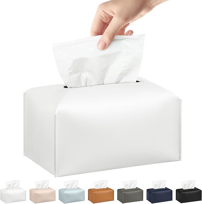 Long Tissue Box Cover, PU Leather Tissue Holder Rectangle, Facial Paper Organizer, Modern Dispenser for Bathroom, Kitchen, Home, Office, Tabletop (1, White, Short)