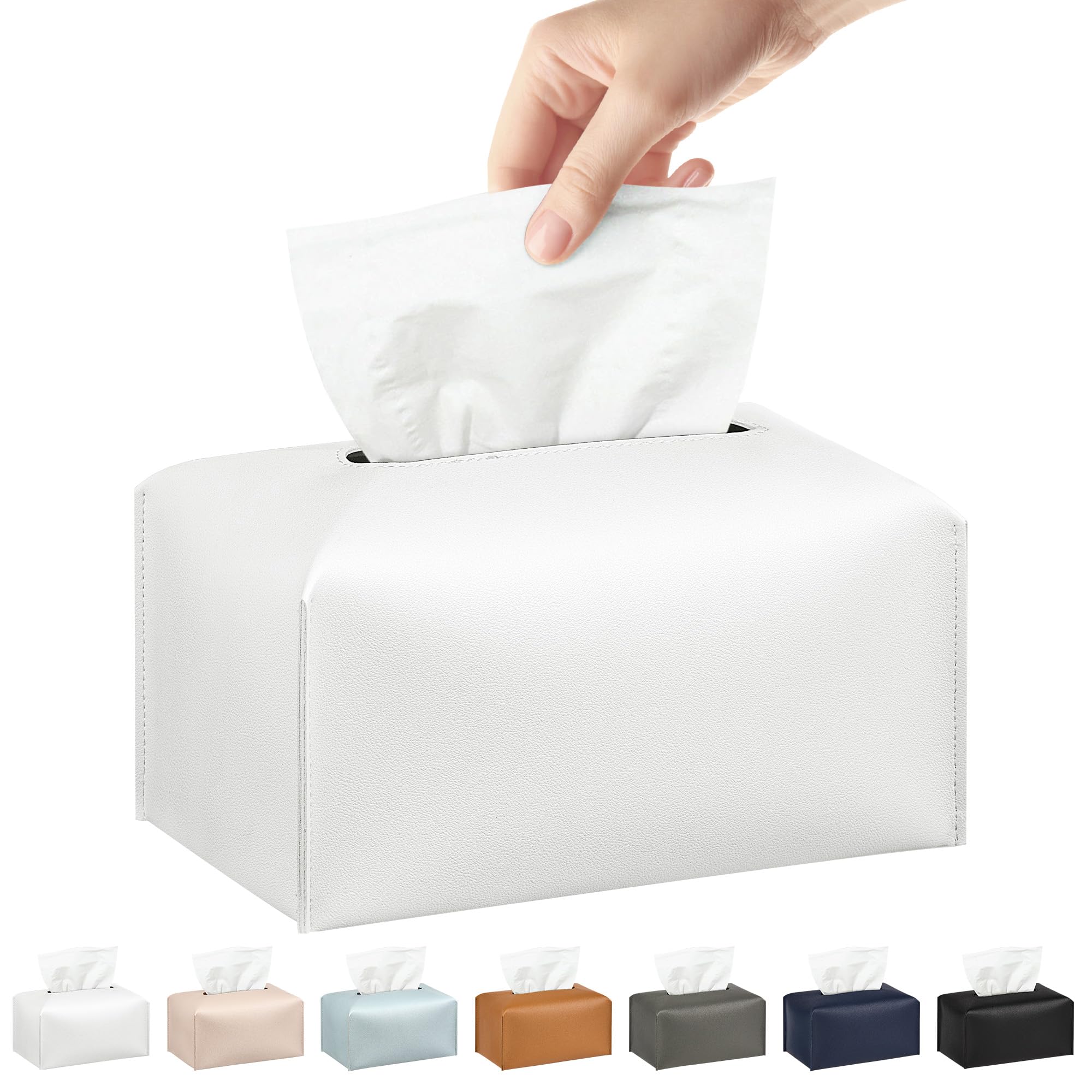 Long Tissue Box Cover, PU Leather Tissue Holder Rectangle, Facial Paper Organizer, Modern Dispenser for Bathroom, Kitchen, Home, Office, Tabletop (1, White, Tall)