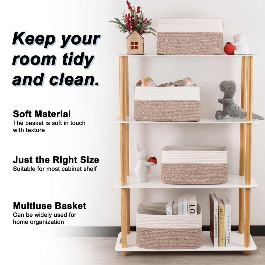 SIXDOVE 4 Pack Storage Baskets for Organizing, Woven Baskets for Shelves - Perfect for Toys, Books, Towels, and Clothes, Durable Gift Basket Bins Toy Storage, 15.7''Lx11.8''Wx7.8''H, Brown & White
