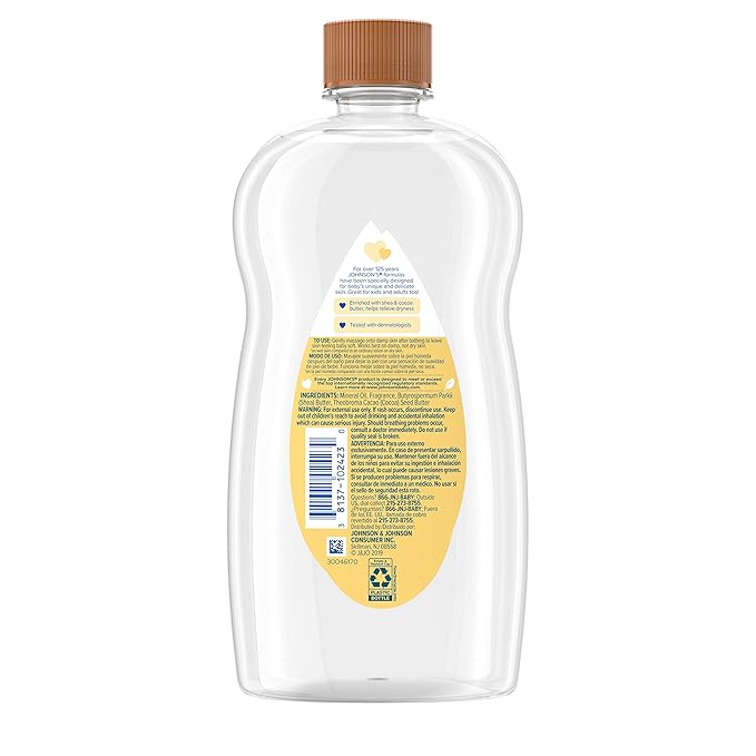 Johnson's Baby Oil, Mineral Oil Enriched with Shea & Cocoa Butter to Prevent Moisture Loss, Hypoallergenic, 20 fl. oz (Pack of 2)