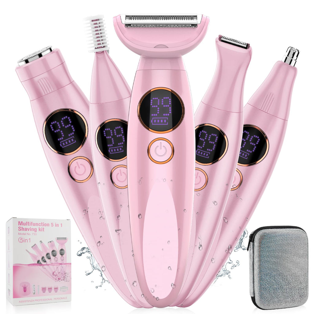 5 in 1 Bikini Trimmer for Women,IPX7 Waterproof Cordless Replaceable Pubic,Eyebrow,Facial Electric Razors&Nose Hair Trimmer&Painless Body Shaver for Arms Legs Underarms,USB Charge,LED Display,Wet&Dry