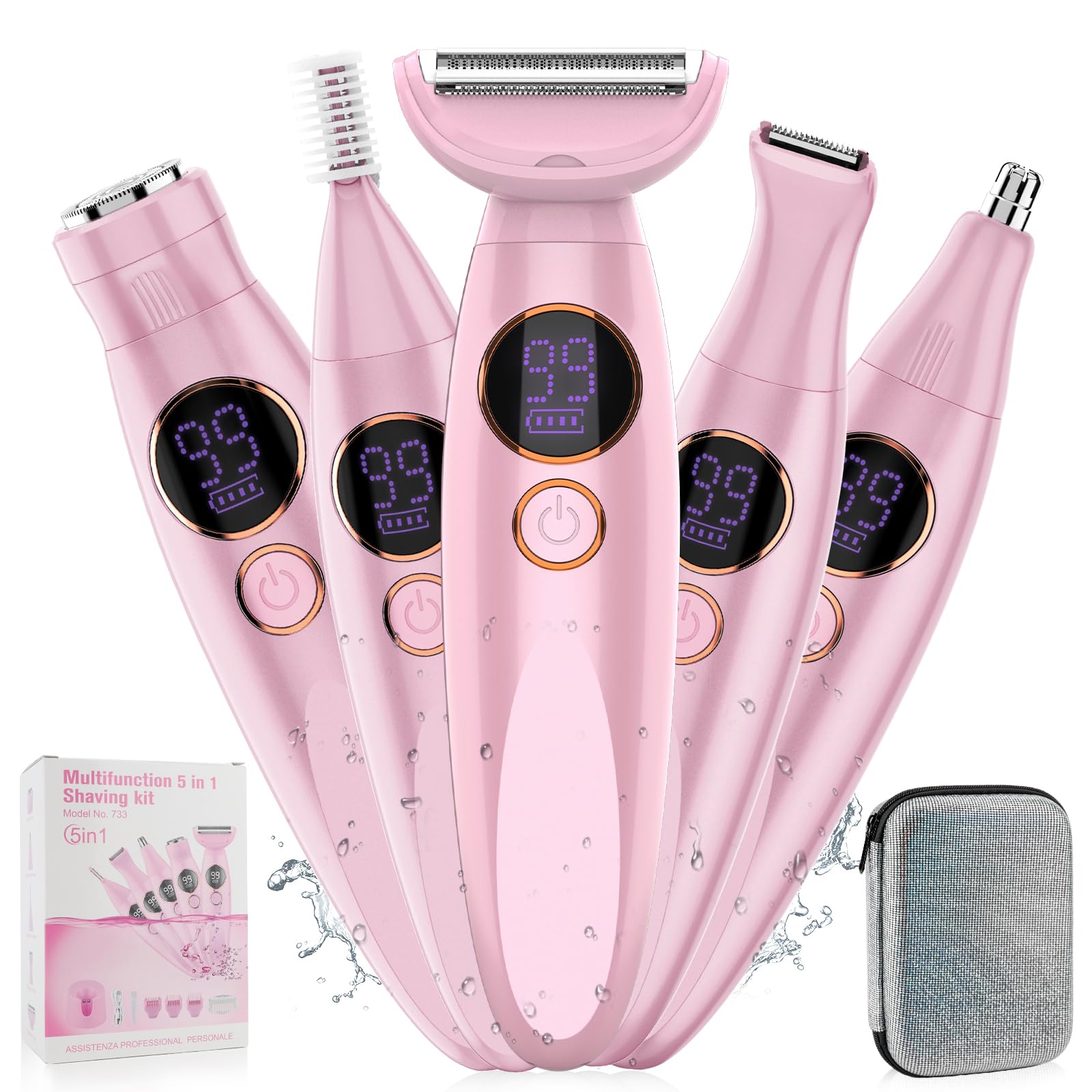 5 in 1 Bikini Trimmer for Women,IPX7 Waterproof Cordless Replaceable Pubic,Eyebrow,Facial Electric Razors&Nose Hair Trimmer&Painless Body Shaver for Arms Legs Underarms,USB Charge,LED Display,Wet&Dry