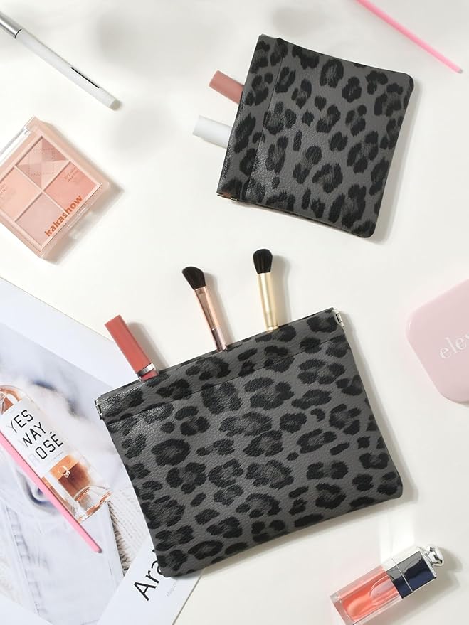 Ksriylm 2 Leopard Leather Small Makeup Pouches Set for Women,Cosmetic Accessories,Waterproof and Portable Cosmetic Bags,Self-closing,No Zipper, Aesthetic Storage Pouch,Lipstick for Purse, Black