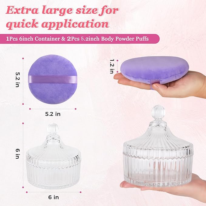 YINGMAN 3Pcs Extra Large Body Powder Puff & Luxury 6" Glass Jar Dusting Powder Container with Puff for Women Bath Powder Puffs Perfect for Talcum or Loose Powder (Light Purple)