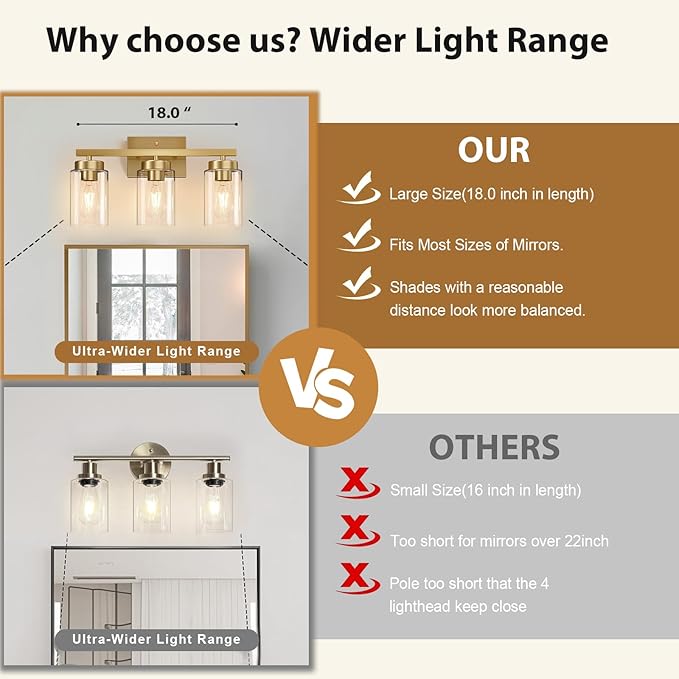 IZORRO Modern Bathroom Light Fixtures, 3 Light Brushed Gold Vanity Lights, Bathroom Lighting Fixtures Over Mirror with Clear Glass for Living Room Cabinet Bedroom